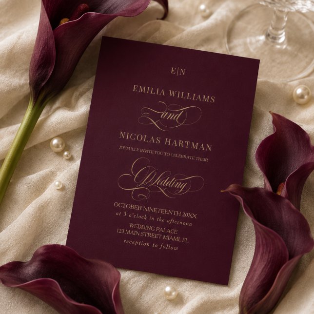 Convites Casamento Monograma Dourado Borgonha (Criador carregado)