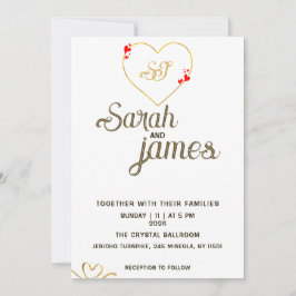 Convites Casamento Monograma Dourado Corações Vermelhos Rom