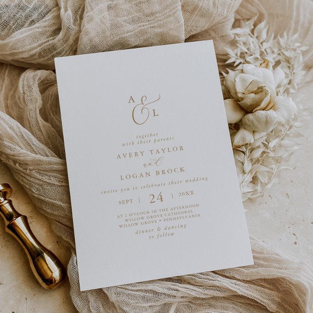Convites Casamento Monograma Elegante em Letra Dourada (Elegant Gold Script Monogram Wedding Invitation)