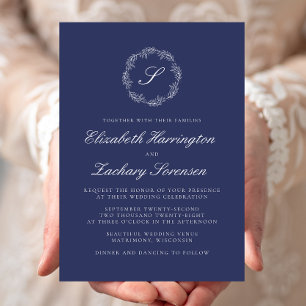 Convites Casamento Monograma em Azul Marinho com Coroa em B