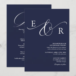 Convites Casamento Monograma em Script Chic Azul Naval Tudo