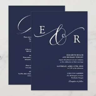 Convites Casamento Monograma em Script Chic Azul Naval Tudo