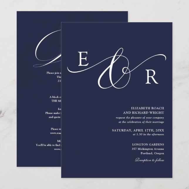 Convites Casamento Monograma em Script Chic Azul Naval Tudo (Frente/Verso)