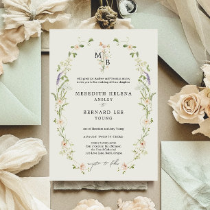 Convites Casamento Monograma Flor de Campo Rústico Vintage 