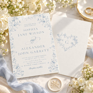 Convites Casamento Monograma Floral Azul Romântico