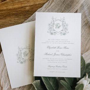 Convites Casamento Monograma Floral Verde Sage Formal