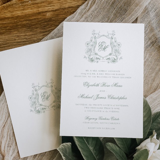 Convites Casamento Monograma Floral Verde Sage Formal (Criador carregado)
