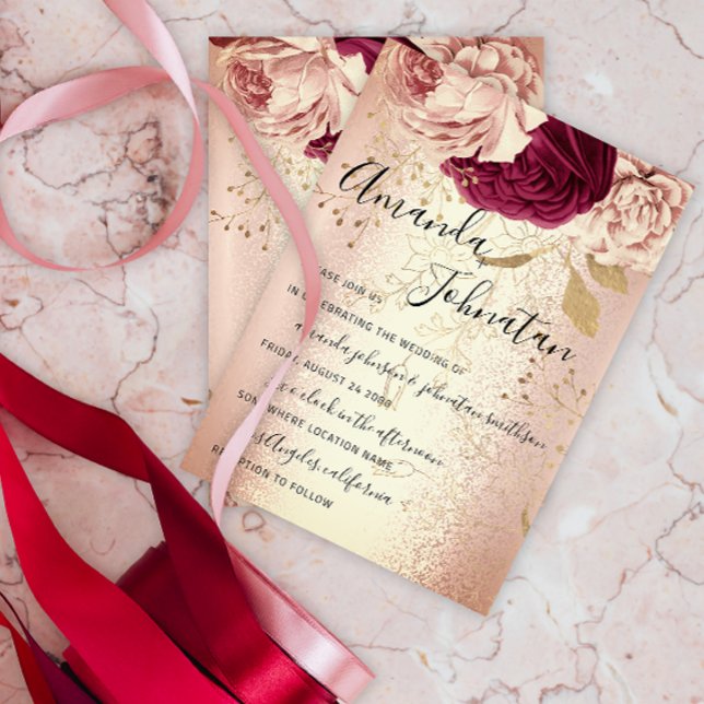 Convites Casamento Monograma Florals BurgundyMarsala Rosa D (Wedding Monogram Florals BurgundyMarsala Rose Gold Invitation)