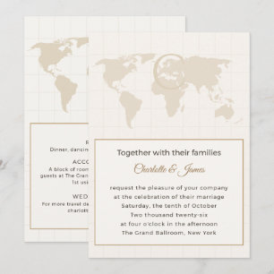 Convites Casamento Monograma Mapa Mundial Chic Elegante Via