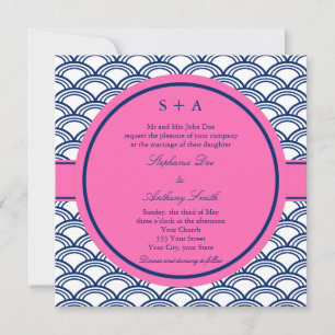 Convites Casamento Monograma Real Azul, Rosa Seigaiha