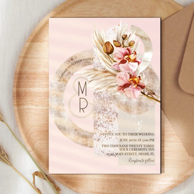 Convites Casamento Monograma Rosa Bege Boêmio Pampas  (Criador carregado)