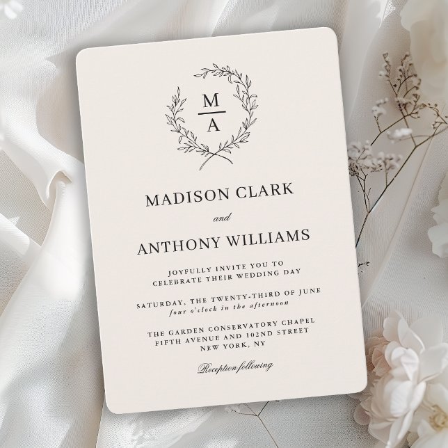 Convites Casamento Monograma Simples Elegante Ecru Claro (Criador carregado)