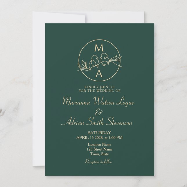 Convites Casamento Monograma Verde Esmeralda (Frente)