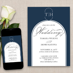 Convites Casamento Monogramado com Caligrafia Elegante Azul