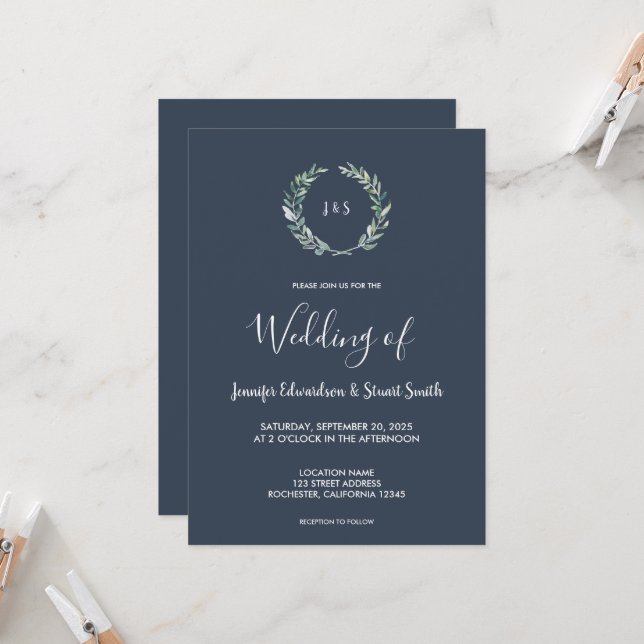 Convites Casamento monogramado com folhas rústicas em aquar (Frente/Verso In Situ)