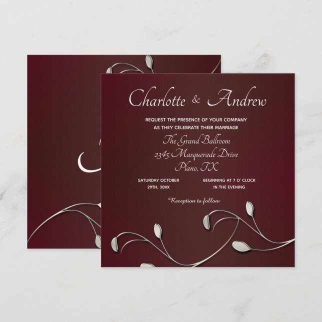 Convites Casamento Monogramado Floral Borgonha (Frente/Verso)
