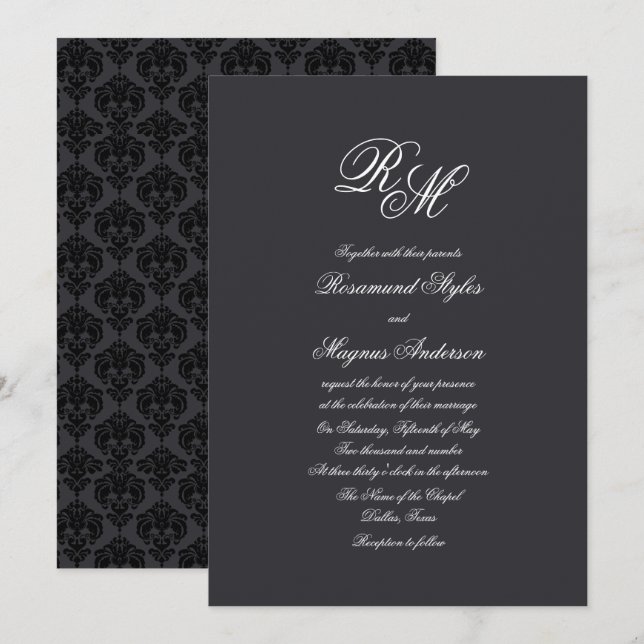 Convites Casamento Monogrammed preto do damasco | (Frente/Verso)