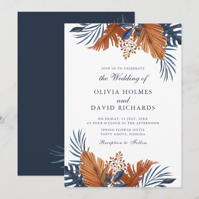 Convites Casamento Monstera Azul Meia-Noite (Frente/Verso)