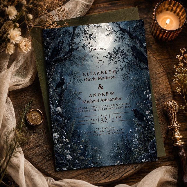 Convites Casamento Moody Dark Woodland (Criador carregado)