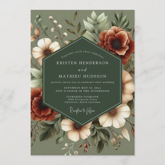 Convites Casamento Moody Harvest em Verde Sage (Frente)