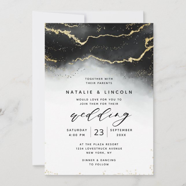 Convites Casamento Moody Mist Ombre Black Watercolor (Frente)