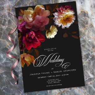 Convites Casamento Moody Preto Floral Pintura Vermelho Borg