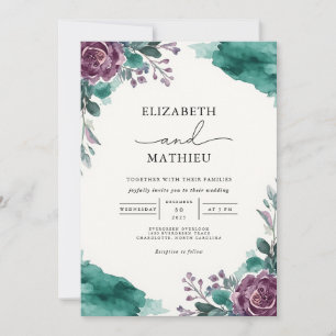 Convites Casamento Moody Teal Floral Watercolor