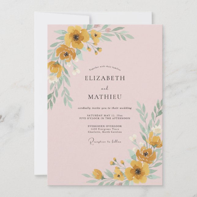 Convites Casamento Mostarda Amarelo Papoula Bege (Frente)