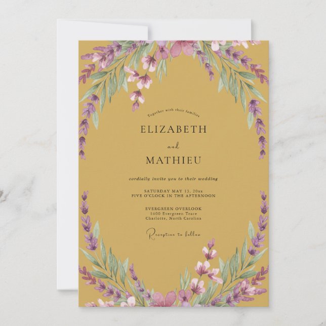 Convites Casamento Mostarda de Madeira Amethyst Wisteria (Frente)