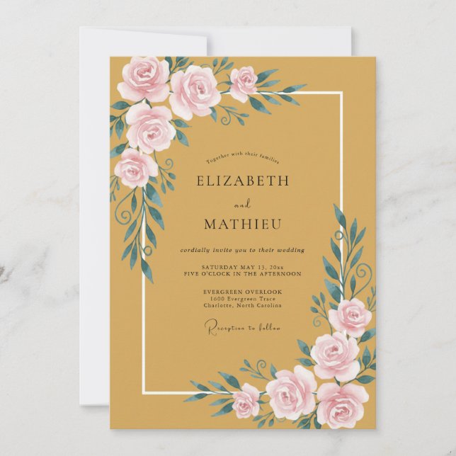 Convites Casamento Mostarda Dourado Peônia (Frente)