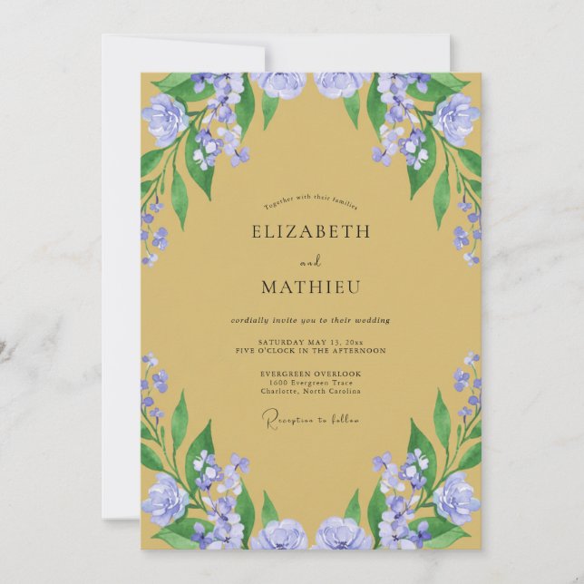 Convites Casamento Mostarda Lilás Florido (Frente)