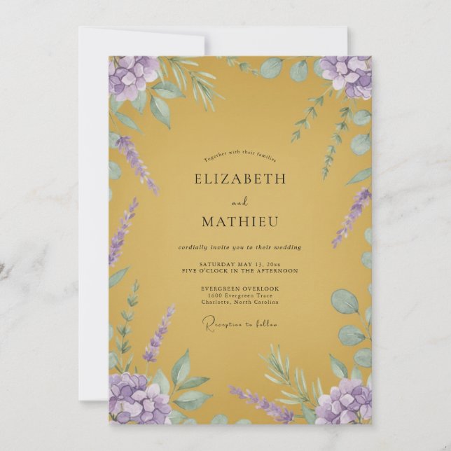 Convites Casamento Mostarda Lilás Lavanda Eucalipto (Frente)