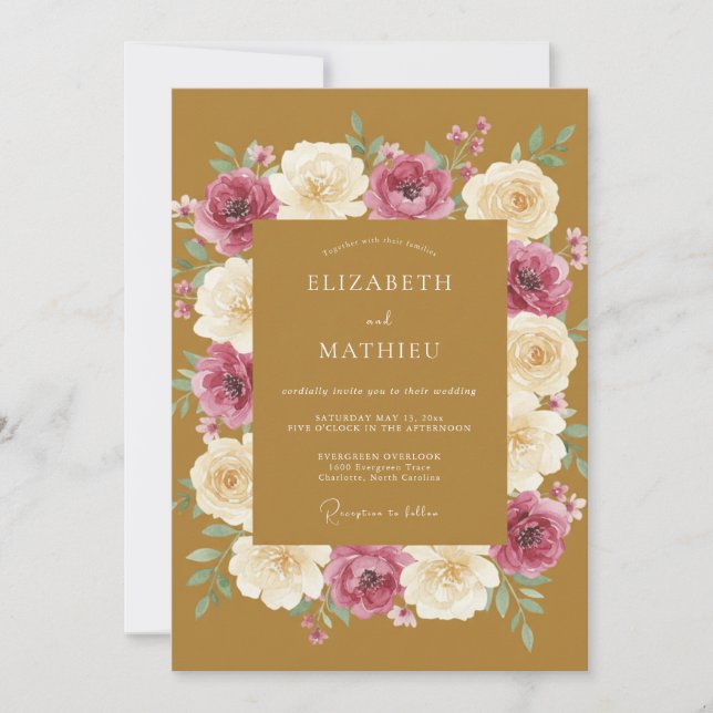 Convites Casamento Mostarda Magenta Ranunculus Eucalipto (Frente)
