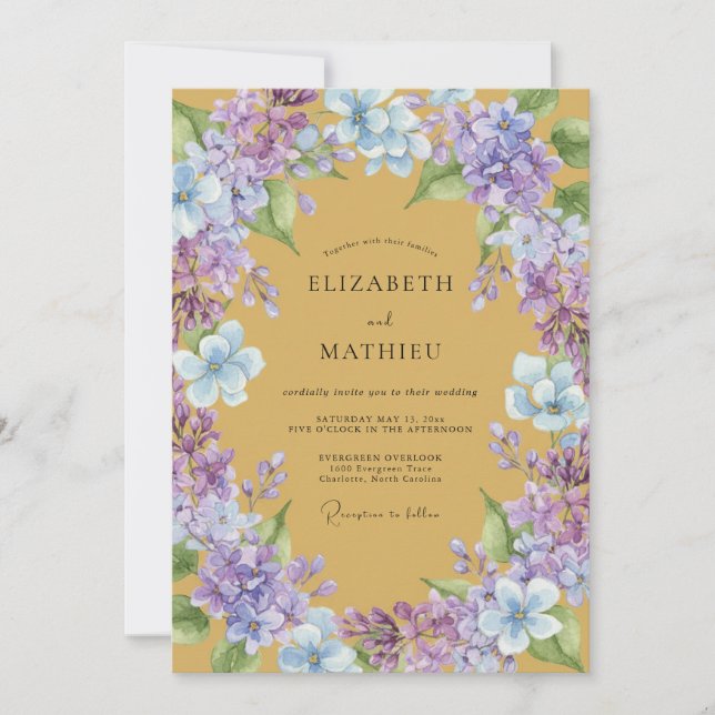 Convites Casamento Mostarda Periwinkle Wisteria (Frente)