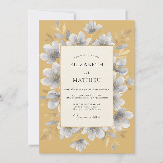Convites Casamento Mostarda Silver Blossom (Frente)