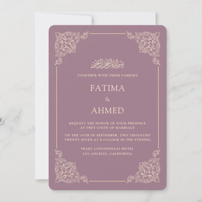 Convites Casamento Muçulmano Antigo Barroco Branco Roxo Emp (Frente)
