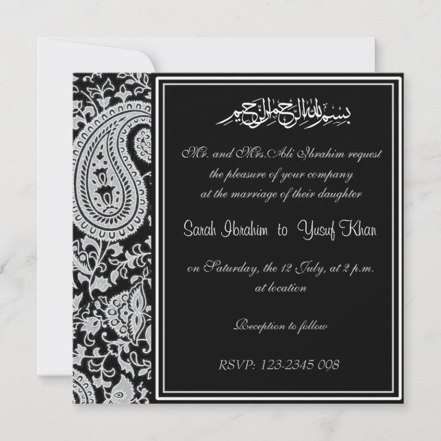 Convites Casamento muçulmano Black and White Indian Damask (Frente)