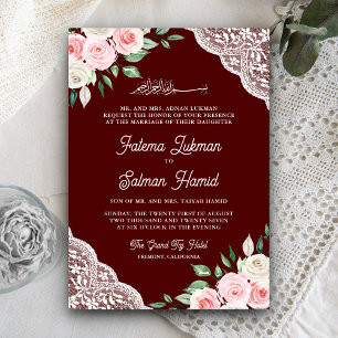 Convites Casamento Muçulmano Código QR Burgundy Renda Flora