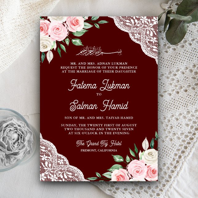 Convites Casamento Muçulmano Código QR Burgundy Renda Flora (Criador carregado)