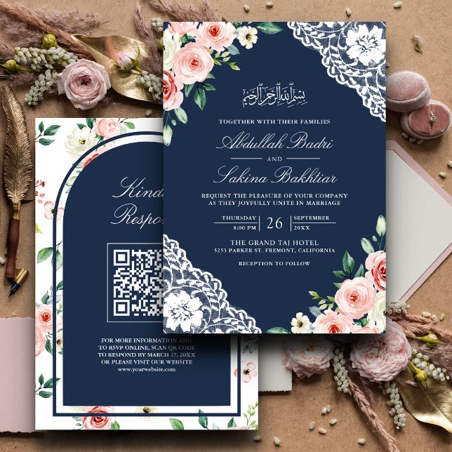 Convites Casamento Muçulmano Código QR de Renda Azul Naval  (Criador carregado)