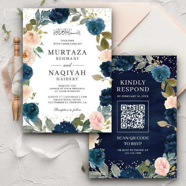 Convites Casamento Muçulmano Código QR Floral Azul Naval Pê (Criador carregado)