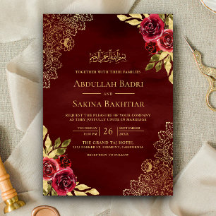 Convites Casamento Muçulmano Código QR Floral Marrom Vermel