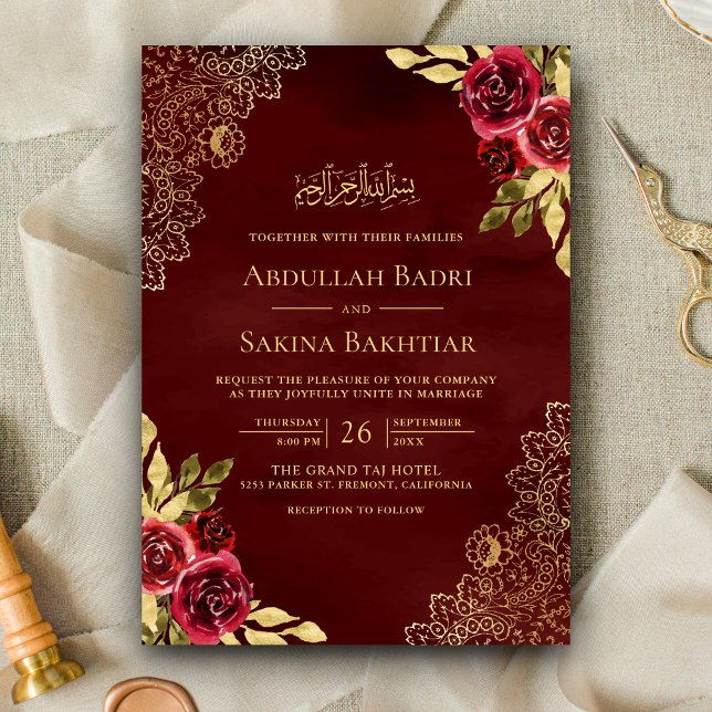 Convites Casamento Muçulmano Código QR Floral Marrom Vermel (Criador carregado)