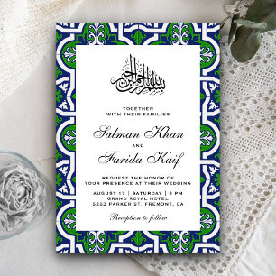 Convites Casamento Muçulmano com Arabesco Islâmico Azul e V