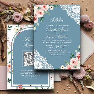 Convites Casamento Muçulmano com Código QR de Renda Azul Ma