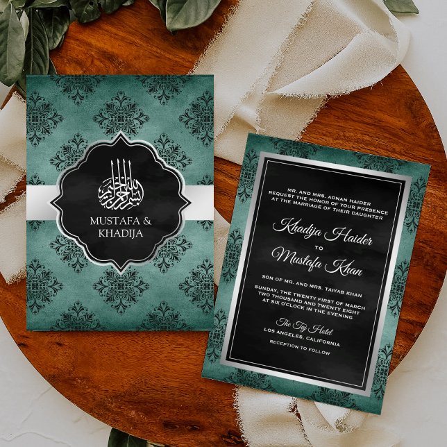 Convites Casamento Muçulmano com Damasko Preto Teal Prata R (Criador carregado)