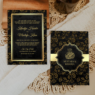 Convites Casamento Muçulmano com Filigrama Preto Rústico Vi