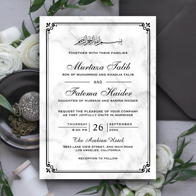 Convites Casamento Muçulmano com Mármore Branco e Borda Pre (Criador carregado)