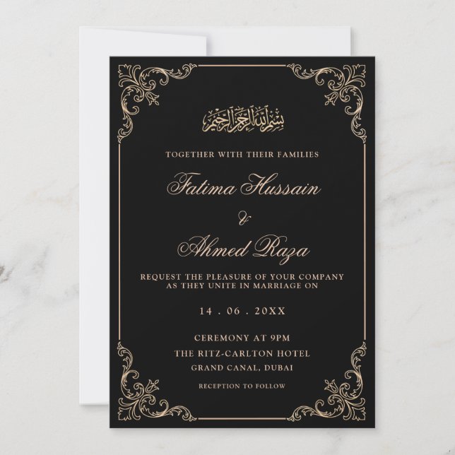 Convites Casamento Muçulmano com Script Romântico Black Vin (Frente)