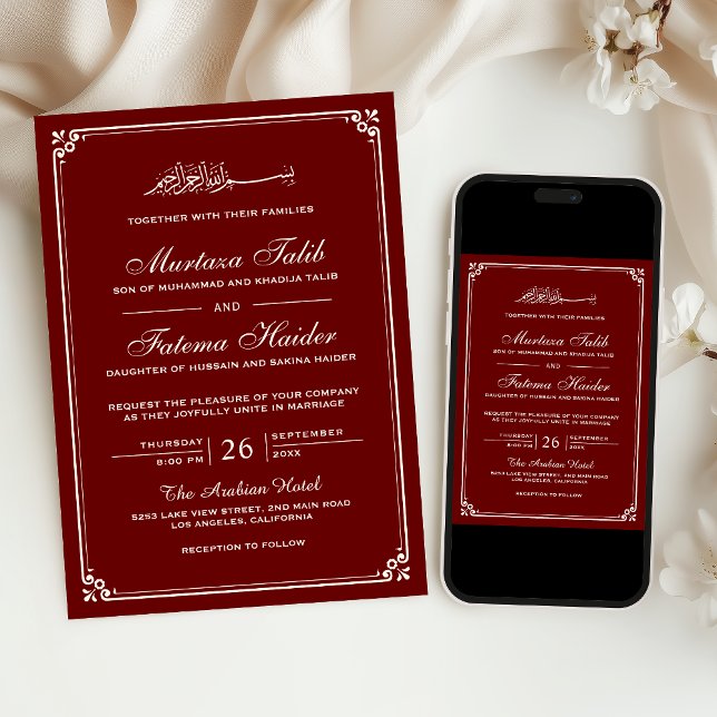 Convites Casamento Muçulmano da Borda Vermelha da Maroon (Criador carregado)